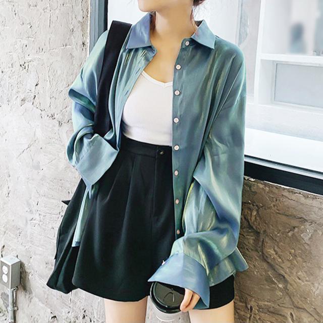 ブラウス サテン ロングシャツ 光沢 トップス 長袖 カーディガン レディース レトロデザイン 送料無料 即日発送-4