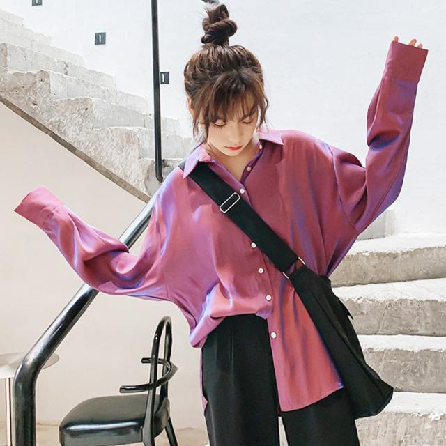 ブラウス サテン ロングシャツ 光沢 トップス 長袖 カーディガン レディース レトロデザイン 送料無料 即日発送-5