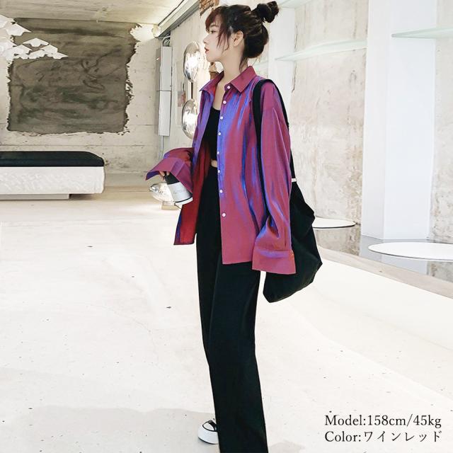 ブラウス サテン ロングシャツ 光沢 トップス 長袖 カーディガン レディース レトロデザイン 送料無料 即日発送-6