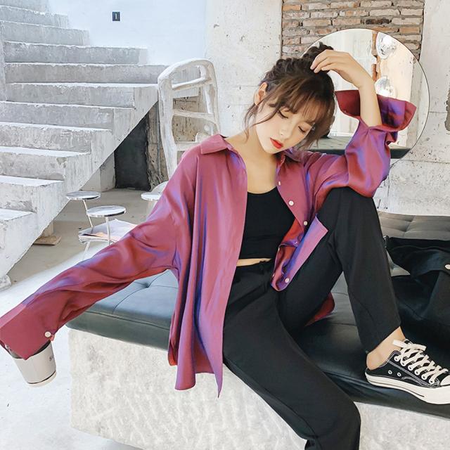 ブラウス サテン ロングシャツ 光沢 トップス 長袖 カーディガン レディース レトロデザイン 送料無料 即日発送-7