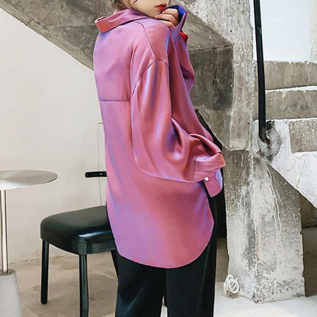 ブラウス サテン ロングシャツ 光沢 トップス 長袖 カーディガン レディース レトロデザイン 送料無料 即日発送-8