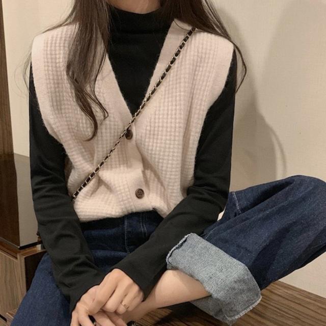 Vネック ニットベスト レディース ノースリーブ 開襟セーター 袖なし ニットトップス 秋冬 送料無料 即日発送-5