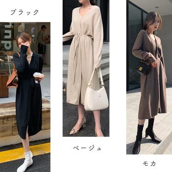 ワンピース キーネック ニットワンピース レディース セーターワンピース 暖かい ロングワンピ 秋冬 送料無料 即日発送-1