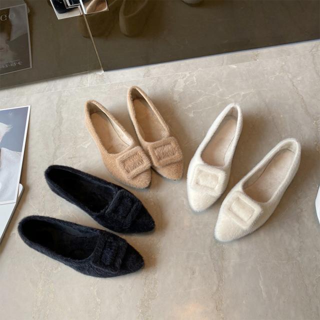 パンプス レディース 靴 シューズ 浅口 綿毛 ぺたんこ靴 もこもこ温かい 大人 通勤 送料無料 即日発送-5