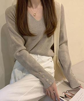 ニットトップス レディース Vネック 長袖 ニットセーター 無地 ボタン飾り プルオーバー 送料無料 即日発送-6