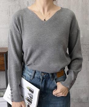 ニットトップス レディース Vネック 長袖 ニットセーター 無地 ボタン飾り プルオーバー 送料無料 即日発送-7