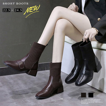 ソックス風ブーツ レディース チャンキーヒール ショートブーツ 痛くない 美脚ブーツ 送料無料 即日発送-0