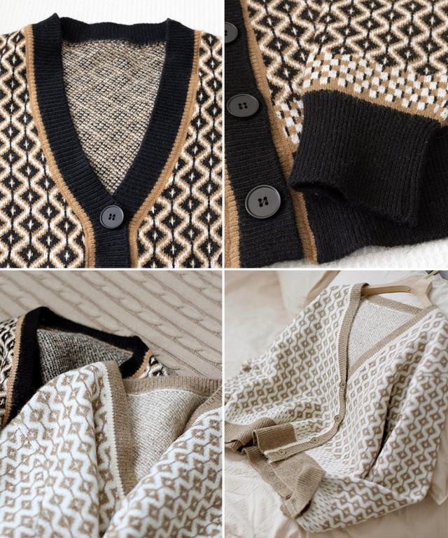 ジャガード編みニットカーディガンVネック 送料無料 即日発送-3