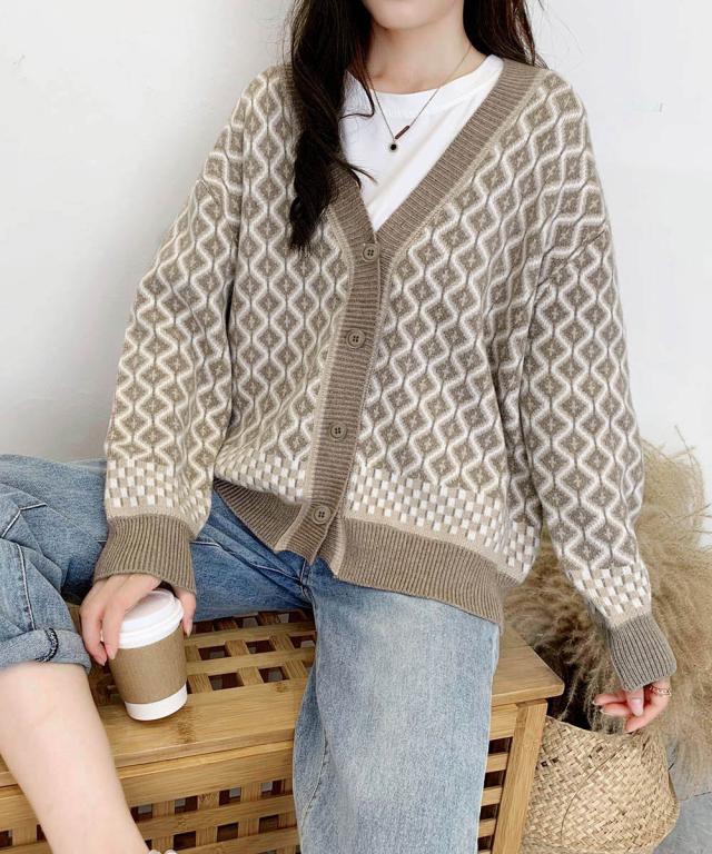 ジャガード編みニットカーディガンVネック 送料無料 即日発送-4