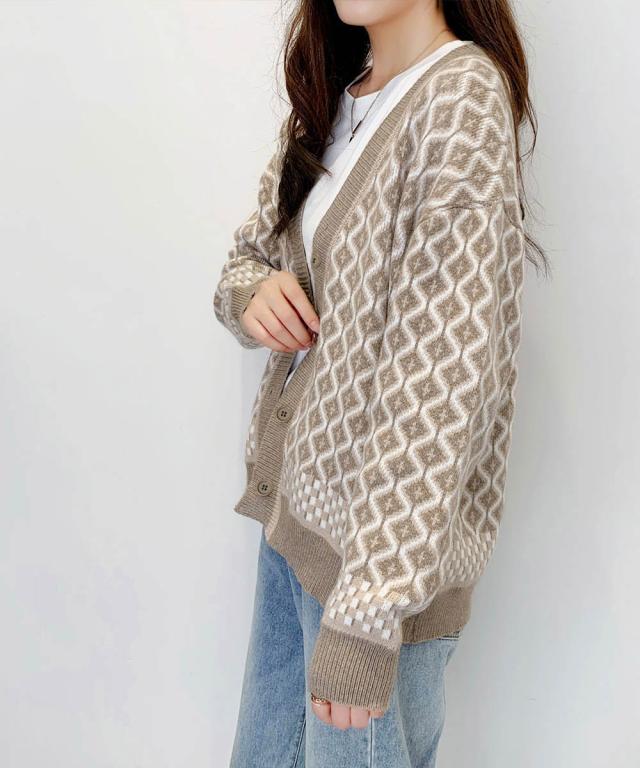 ジャガード編みニットカーディガンVネック 送料無料 即日発送-5