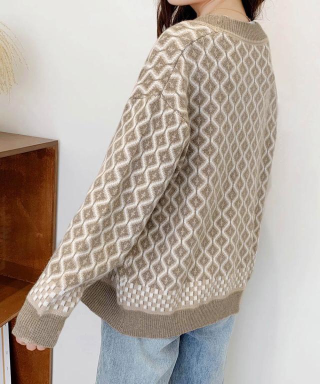 ジャガード編みニットカーディガンVネック 送料無料 即日発送-6