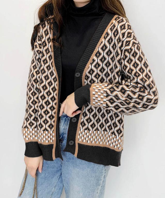 ジャガード編みニットカーディガンVネック 送料無料 即日発送-7