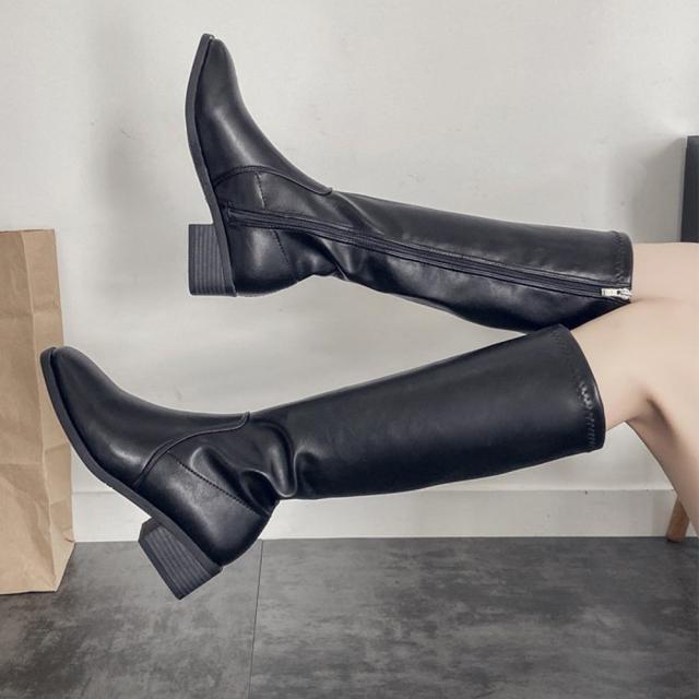 ニーハイブーツ レディース ロング丈 スクエアトゥ ローヒール 合皮 レザー調 春秋冬 美脚 送料無料 即日発送-2