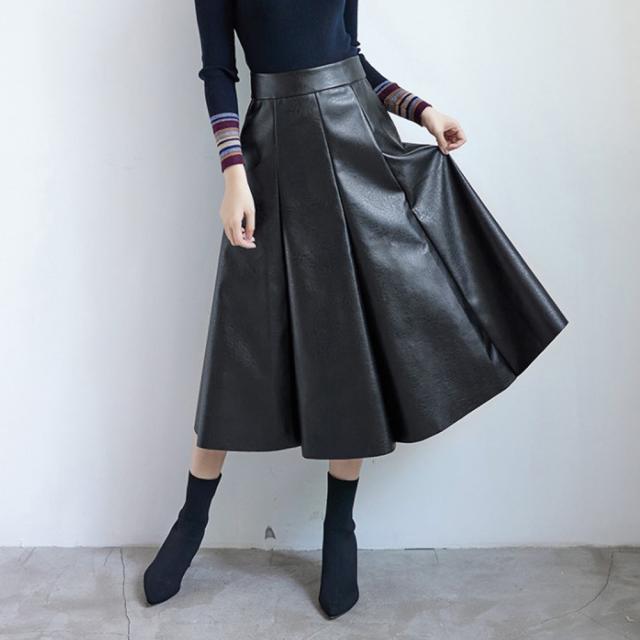 フェイクレザースカート レディース フレアスカート エコレザー ロングスカート ボトムス 通勤 送料無料 即日発送-6