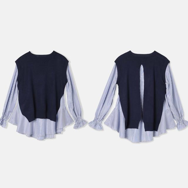 シャツブラウス ニットベスト 2点レディース 春秋 長袖シャツ レイヤード風重ね着 送料無料 即日発送-9