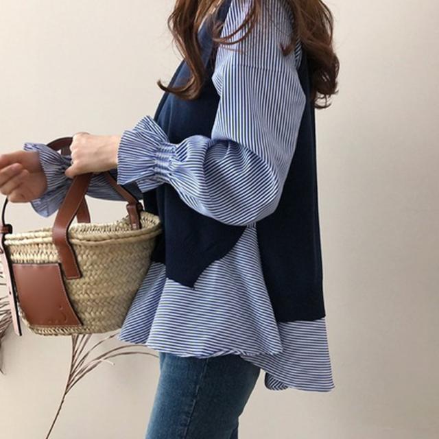 シャツブラウス ニットベスト 2点レディース 春秋 長袖シャツ レイヤード風重ね着 送料無料 即日発送-7