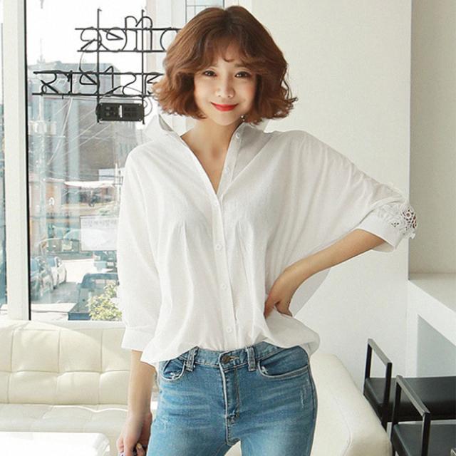 シャツブラウス レディース レース切り替え ブラウス ドルマンスリーブ ゆったり 送料無料 即日発送-1