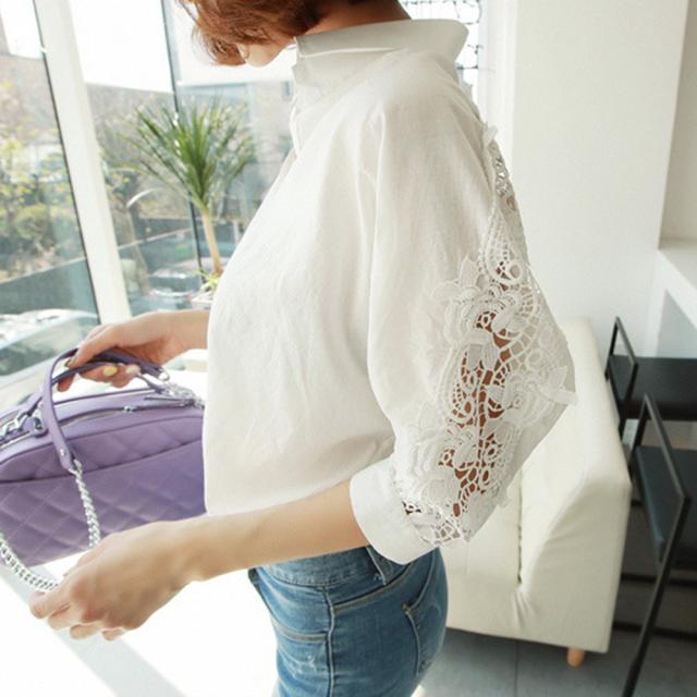 シャツブラウス レディース レース切り替え ブラウス ドルマンスリーブ ゆったり 送料無料 即日発送-5
