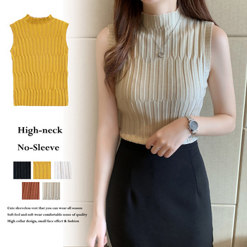 タートルネック ニット トップス レディース ショート丈 タンクトップ 夏ノースリーブ ニット 送料無料 即日発送-0