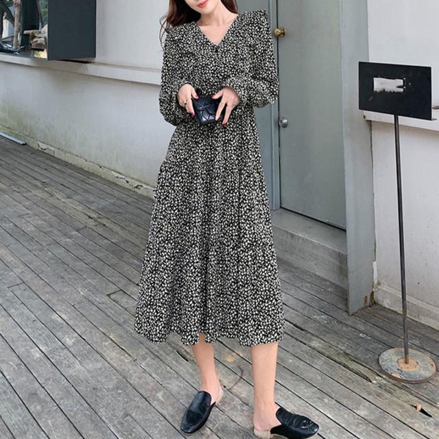 ワンピース レディース 花柄ワンピース 長袖 ロング丈 シフォンワンピ 体型カバー 送料無料 即日発送-4