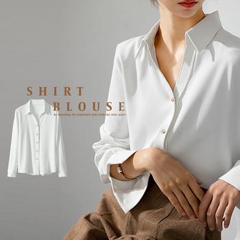 シャツブラウス 長袖 レディース Vネックシャツ おしゃれ ワイシャツ 無地 送料無料 即日発送-4