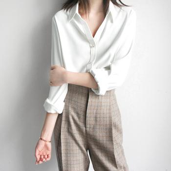 シャツブラウス 長袖 レディース Vネックシャツ おしゃれ ワイシャツ 無地 送料無料 即日発送-5