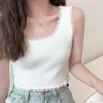 タンクトップ へそ出し サマーニット ショート丈 レースキャミソール ラウンドネックインナー 送料無料 即日発送-4