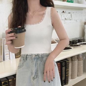 タンクトップ へそ出し サマーニット ショート丈 レースキャミソール ラウンドネックインナー 送料無料 即日発送-5