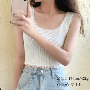 タンクトップ へそ出し サマーニット ショート丈 レースキャミソール ラウンドネックインナー 送料無料 即日発送-6