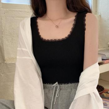 タンクトップ へそ出し サマーニット ショート丈 レースキャミソール ラウンドネックインナー 送料無料 即日発送-7