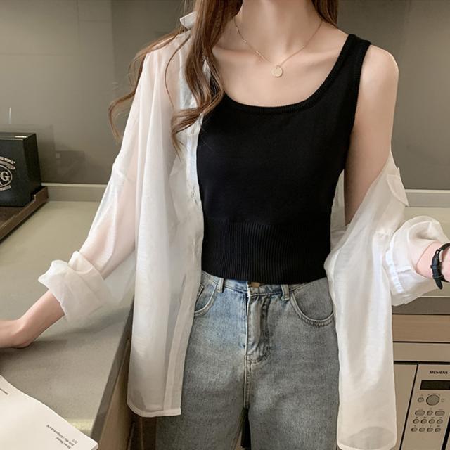 タンクトップス レディース 無地 ショート丈 ニットタンク Uネック トップス ノースリーブ 送料無料 即日発送-4