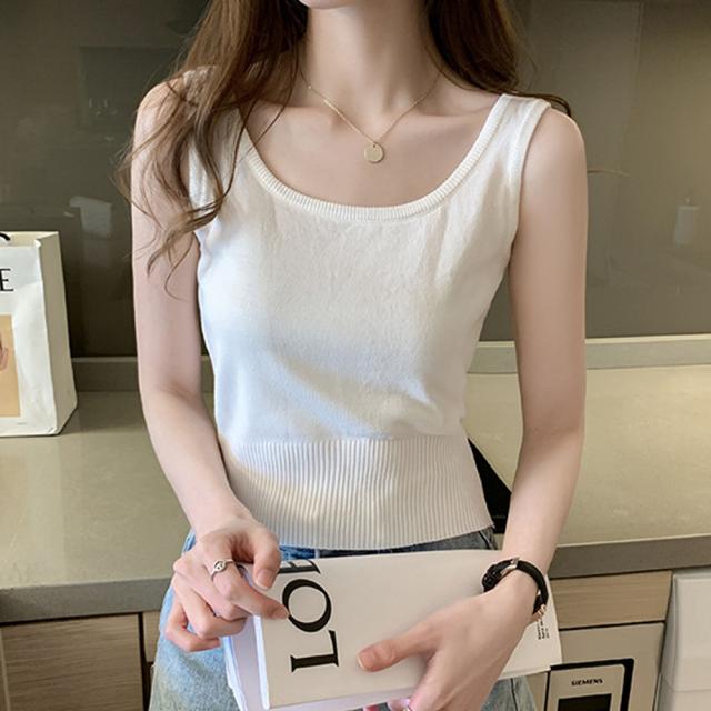 タンクトップス レディース 無地 ショート丈 ニットタンク Uネック トップス ノースリーブ 送料無料 即日発送-5