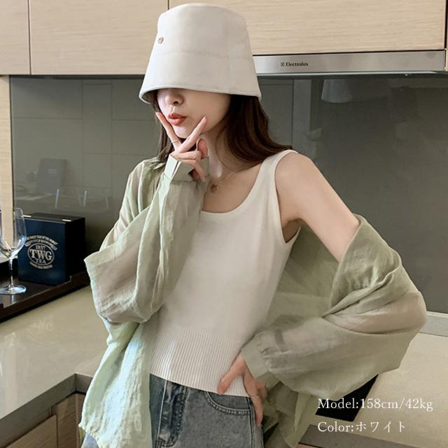 タンクトップス レディース 無地 ショート丈 ニットタンク Uネック トップス ノースリーブ 送料無料 即日発送-6