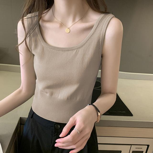 タンクトップス レディース 無地 ショート丈 ニットタンク Uネック トップス ノースリーブ 送料無料 即日発送-7