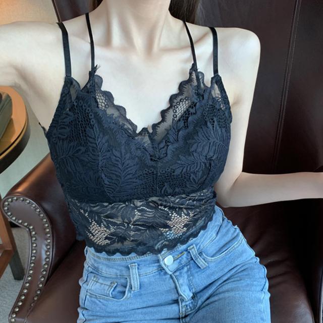 総レースキャミソール Vネック チラ見せ インナー パッド付き ショート丈 ノンワイヤー 送料無料 即日発送-4