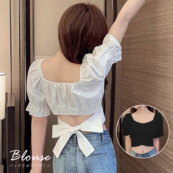 バックリボン スクエアネック ブラウス 送料無料 即日発送-0