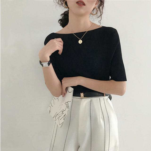 サマーニット リブ編み トップス きれいめ 送料無料 即日発送-4