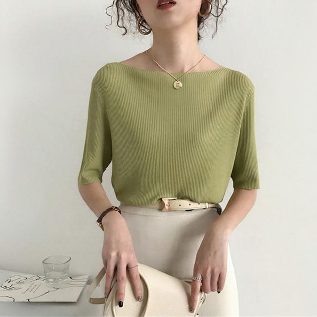 サマーニット リブ編み トップス きれいめ 送料無料 即日発送-8