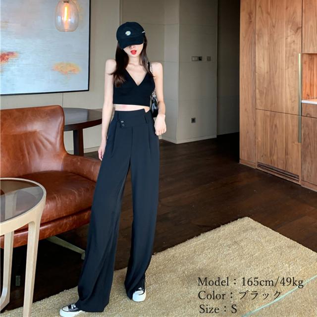 ワイドパンツ ハイウエストレディース 無地 送料無料 即日発送-5