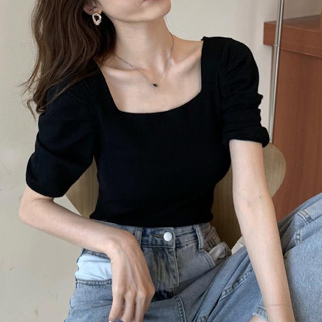 ショート丈トップス スクエアネック 半袖夏 送料無料 即日発送-9