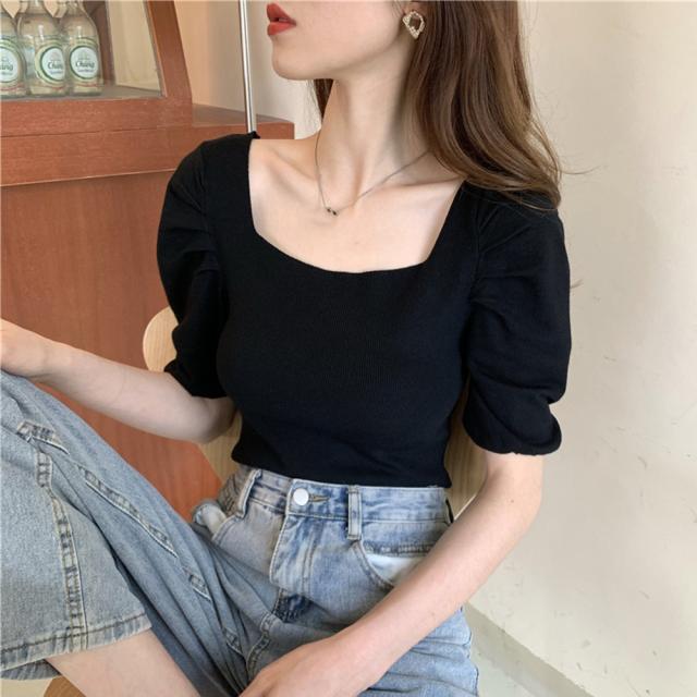 ショート丈トップス スクエアネック 半袖夏 送料無料 即日発送-3