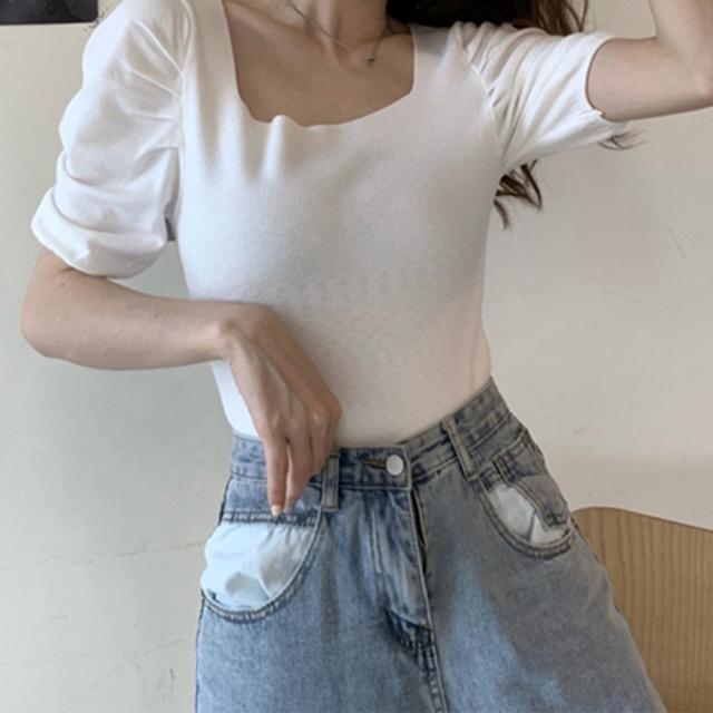 ショート丈トップス スクエアネック 半袖夏 送料無料 即日発送-4