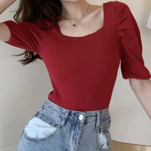 ショート丈トップス スクエアネック 半袖夏 送料無料 即日発送-5