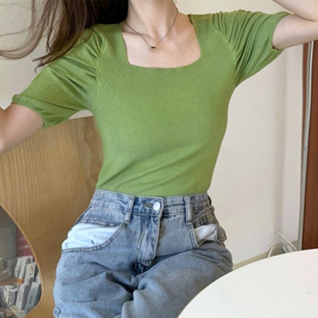 ショート丈トップス スクエアネック 半袖夏 送料無料 即日発送-7