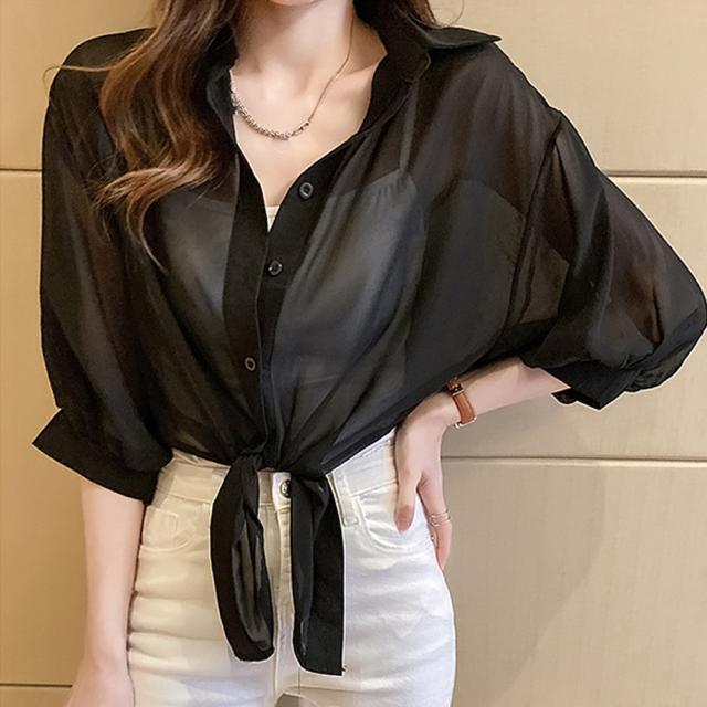 裾リボン結び シャツブラウス 送料無料 即日発送-4