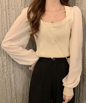 シャツブラウス 袖切り替え ニットソー 送料無料 即日発送-4