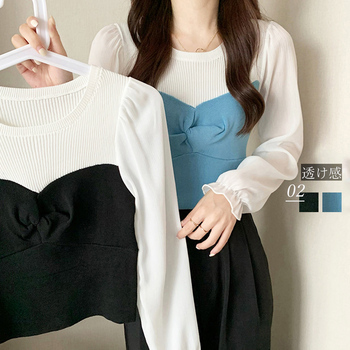 ニットトップス シフォン パフスリーブ 送料無料 即日発送-0