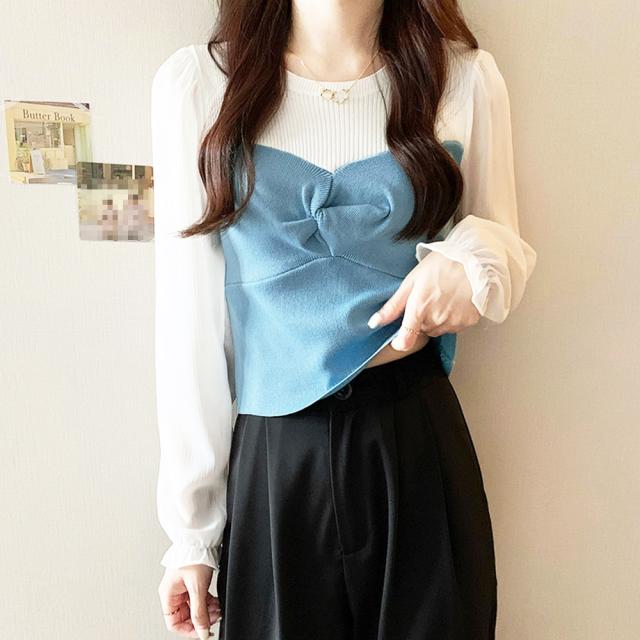 ニットトップス シフォン パフスリーブ 送料無料 即日発送-3