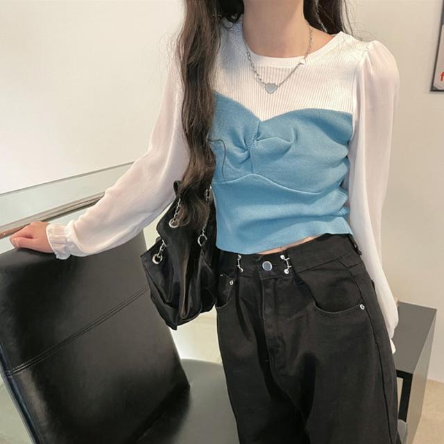 ニットトップス シフォン パフスリーブ 送料無料 即日発送-4