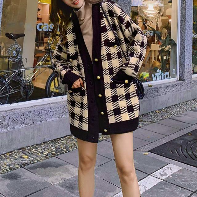 ニットカーディガン レディースチェック柄 送料無料 即日発送-9